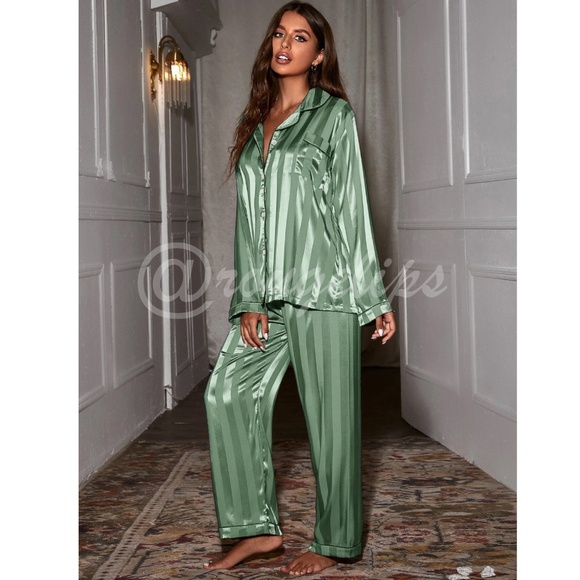Satin Green Striped Women's Pajamas Pants Shirt Set - Picture 5 of 12